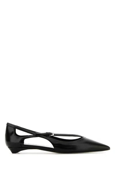 Prada Leather Ballerinas With Pointed Toe And Cut-out Design In Black