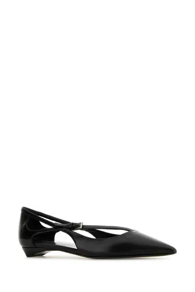 Prada Leather Ballerinas With Pointed Toe And Cut-out Design In Black