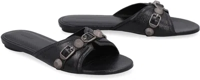 Balenciaga Cagole Leather Slides In Black