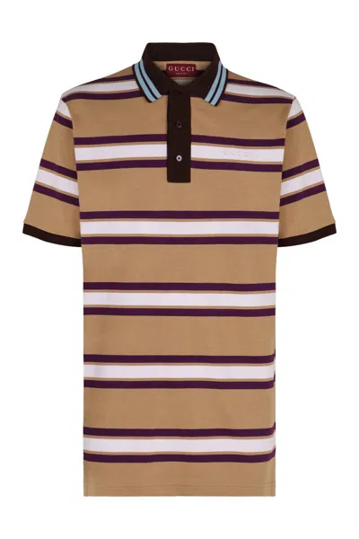 Gucci Beige Polo Shirt With Logo Imprinted On The Front And All-over Striped Motif In Cotton Man In Multi