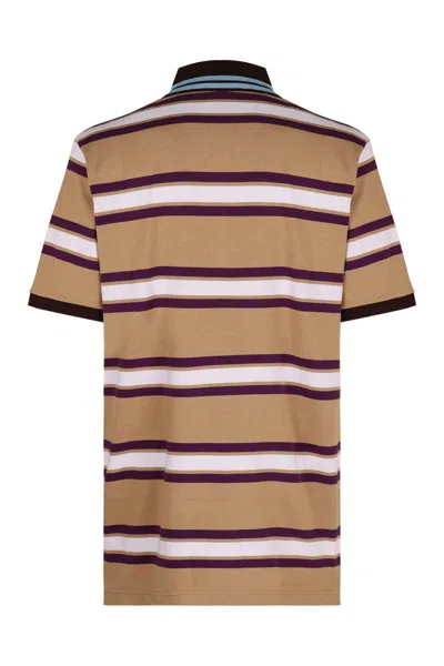 Gucci Beige Polo Shirt With Logo Imprinted On The Front And All-over Striped Motif In Cotton Man In Multi