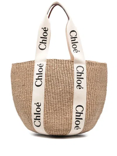 Chloé Woody Large Straw Basket Bag In Neutral