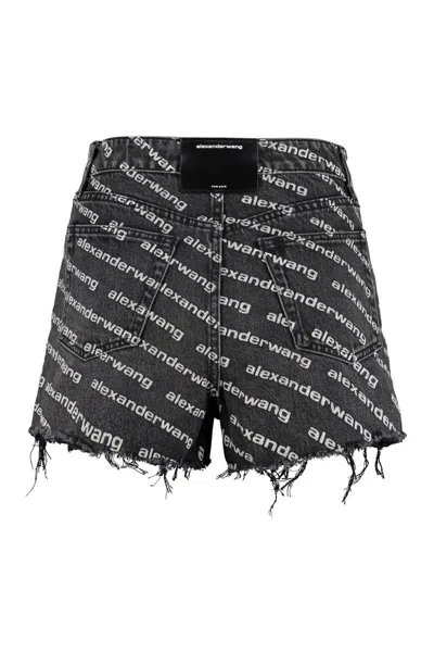 Alexander Wang Omens Grey Aged White Logo-print Bite Denim Shorts In Black