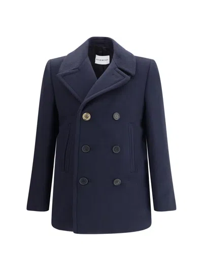 Givenchy Blue Coat With Wide Lapels And Logoed Buttons In Wool Man In Blue