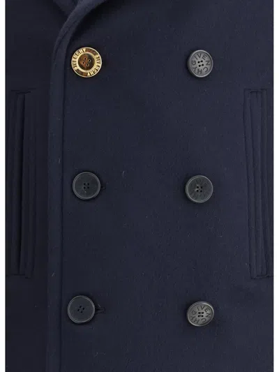 Givenchy Blue Coat With Wide Lapels And Logoed Buttons In Wool Man In Blue