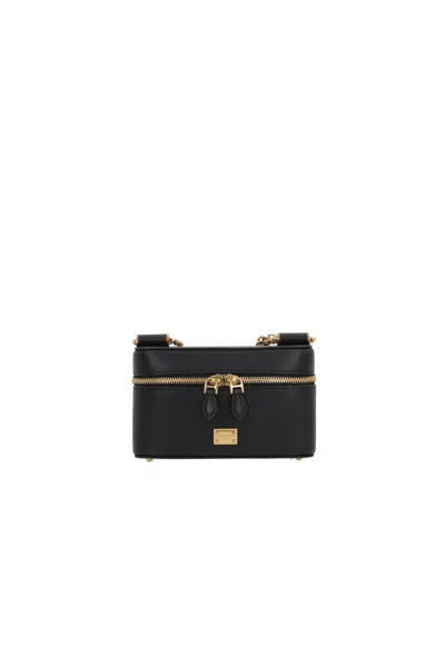 Dolce & Gabbana Sicily Leather Shoulder Bag With Metal Logo Tag In Black