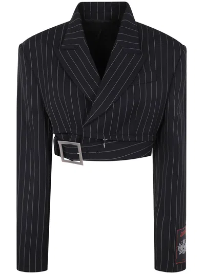 Jean Paul Gaultier Pinstripe Wool Cropped Tailored Jacket With Zip Off Belt Clothing In Blue