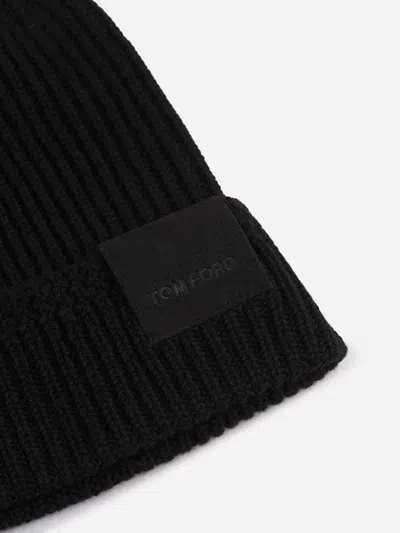 Tom Ford Mens Black Logo-patch Ribbed Cashmere-knit Beanie Hat In Black