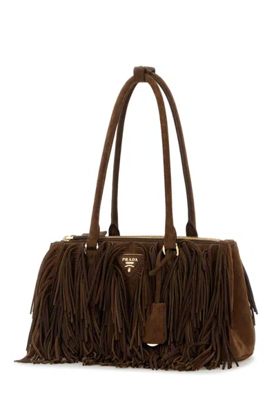 Prada Suede Shoulder Bag With Fringe And Handles In Brown