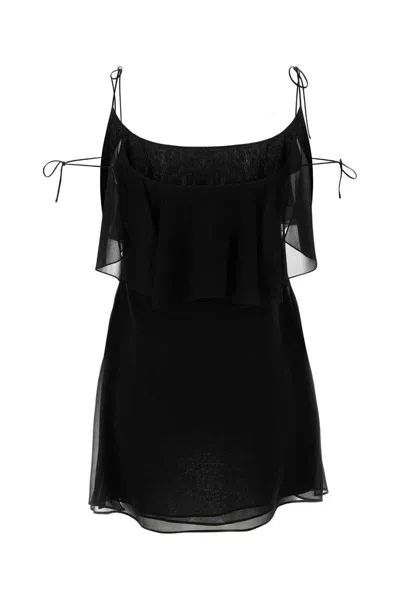Saint Laurent Mini Dress Silk Spaghetti Straps Ruffle In Black