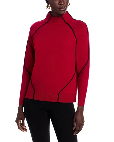 T Tahari Long Sleeve Funnel Neck Contrast Tubular Sweater In Red