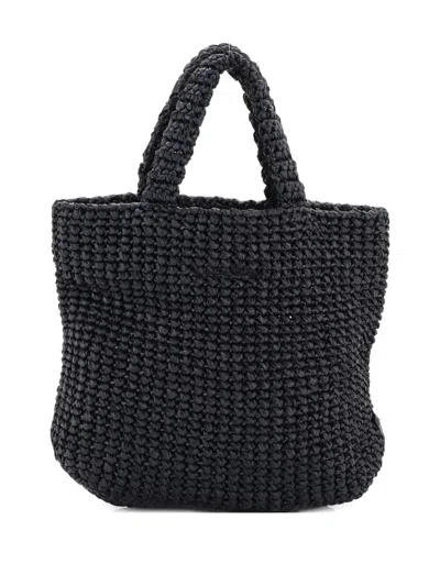 Pre-owned Prada Logo Raffia Small Tote Bag In Black