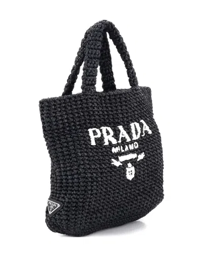 Pre-owned Prada Logo Raffia Small Tote Bag In Black