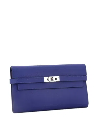 Pre-owned Hermes Kelly Wallet Epsom Long Small Wallets In Blue