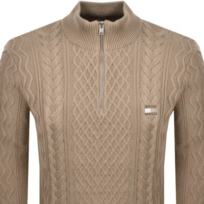 Tommy Jeans Quarter Zip Cable Knit Jumper Beige In Brown