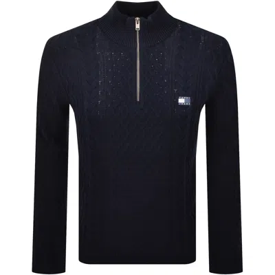 Tommy Jeans Quarter Zip Cable Knit Jumper Navy In Blue