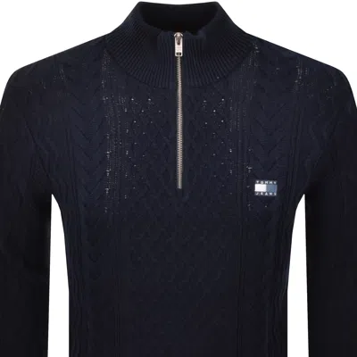Tommy Jeans Quarter Zip Cable Knit Jumper Navy In Blue