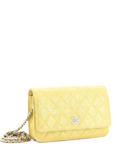 Pre-owned Chanel Wallet On Chain Quilted Glitter Fabric Crossbody Bag In Yellow