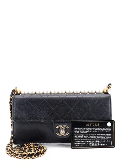 Pre-owned Chanel Chic Pearls Clutch With Chain Quilted Goatskin Crossbody Bag In Black