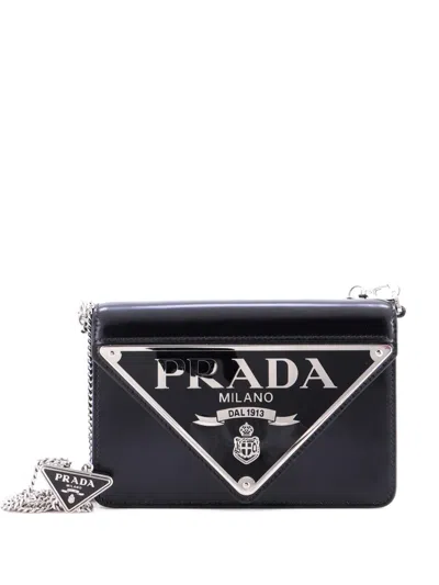 Pre-owned Prada Maxi Triangle Logo Chain Flap Bag Brushed Leather Small Crossbody Bag In Black