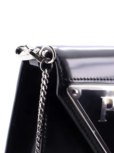Pre-owned Prada Maxi Triangle Logo Chain Flap Bag Brushed Leather Small Crossbody Bag In Black