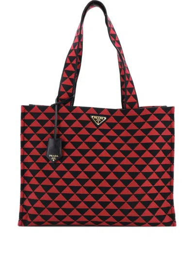Pre-owned Prada Symbole Shopper Jacquard Horizontal Tote Bag In Red