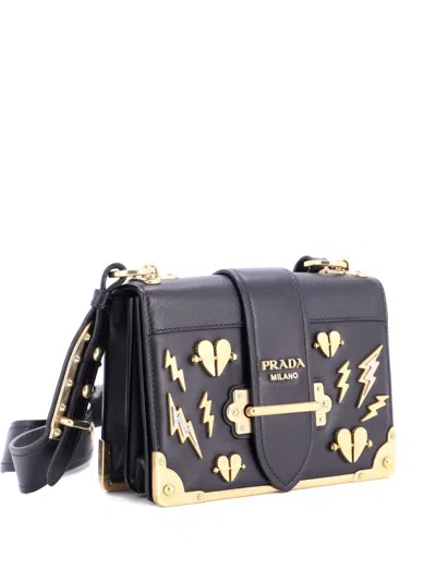 Pre-owned Prada Cahier Embellished Leather Small Crossbody Bag In Black