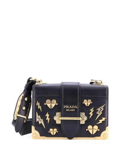 Pre-owned Prada Cahier Embellished Leather Small Crossbody Bag In Black