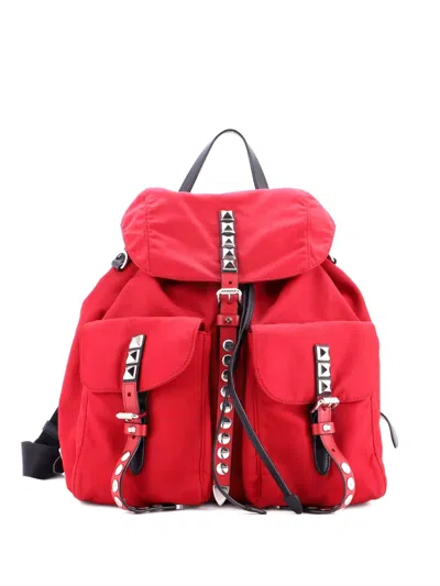 Pre-owned Prada New Vela Tessuto With Studded Leather Backpack In Red