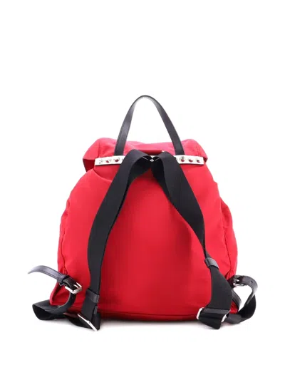 Pre-owned Prada New Vela Tessuto With Studded Leather Backpack In Red