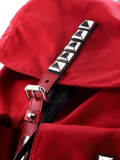 Pre-owned Prada New Vela Tessuto With Studded Leather Backpack In Red