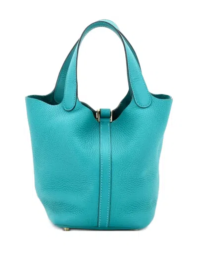 Pre-owned Hermes Picotin Lock Bag Clemence Pm Bucket Bag In Blue