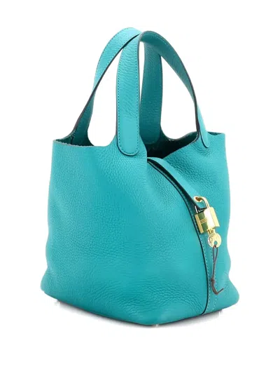 Pre-owned Hermes Picotin Lock Bag Clemence Pm Bucket Bag In Blue