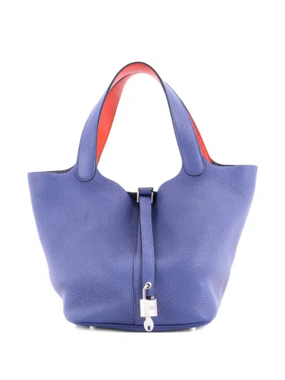 Pre-owned Hermes Eclat Picotin Lock Bag Clemence Mm Bucket Bag In Blue