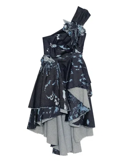 Saiid Kobeisy One-shoulder Printed Denim Dress In Blue