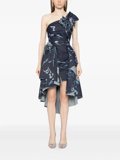 Saiid Kobeisy One-shoulder Printed Denim Dress In Blue