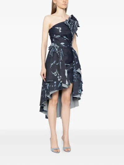 Saiid Kobeisy One-shoulder Printed Denim Dress In Blue