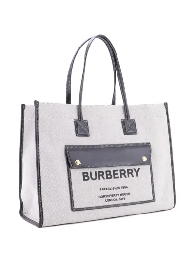 Pre-owned Burberry Freya Shopping Canvas With Leather Medium Tote Bag In Neutral