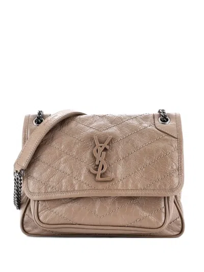 Pre-owned Saint Laurent Niki Chain Flap Bag Matelasse Chevron Leather Baby Shoulder Bag In Neutral