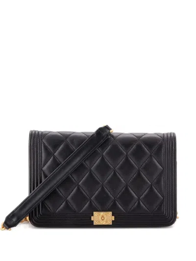 Pre-owned Chanel Boy Wallet On Chain Quilted Lambskin Crossbody Bag In Black
