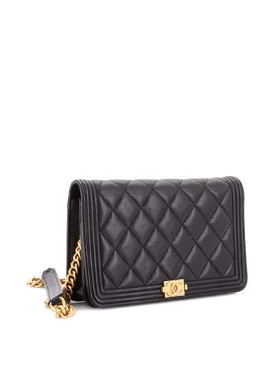 Pre-owned Chanel Boy Wallet On Chain Quilted Lambskin Crossbody Bag In Black