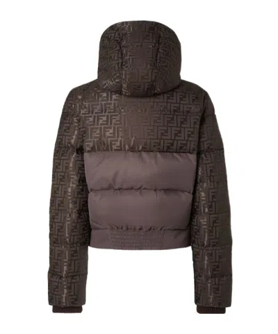 Fendi Women Brown Down Jacket With Drawstring Hood And Ff Motif In Tech Fabric Woman In Brown