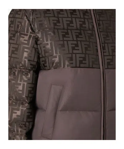 Fendi Women Brown Down Jacket With Drawstring Hood And Ff Motif In Tech Fabric Woman In Brown