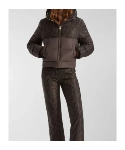 Fendi Women Brown Down Jacket With Drawstring Hood And Ff Motif In Tech Fabric Woman In Brown