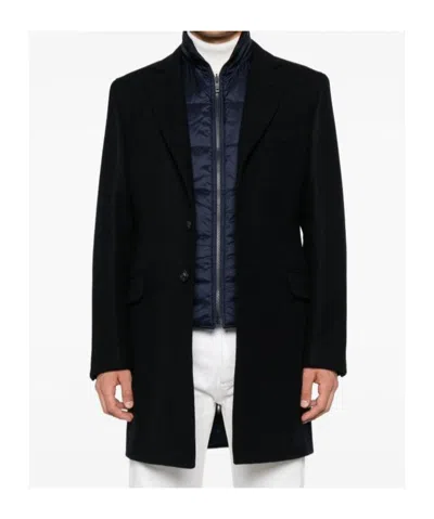 Fay Layered Navy Blue Coat With Button Fastening And Flap Pockets In Blue