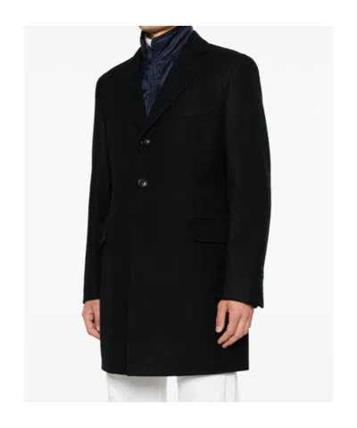 Fay Layered Navy Blue Coat With Button Fastening And Flap Pockets In Blue