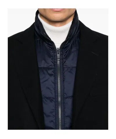 Fay Layered Navy Blue Coat With Button Fastening And Flap Pockets In Blue