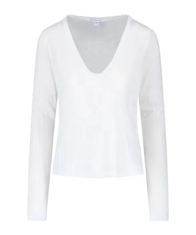 James Perse Stretch Rib Double Front Deep V Tee White In White