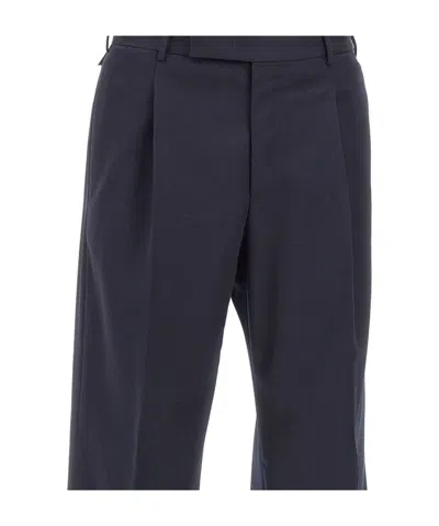 Pt Torino Tailored Wool Trousers With Pleats And Belt Loops In Blue
