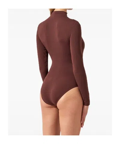 Wolford High Neck Long Sleeve Stretch Body In Brown